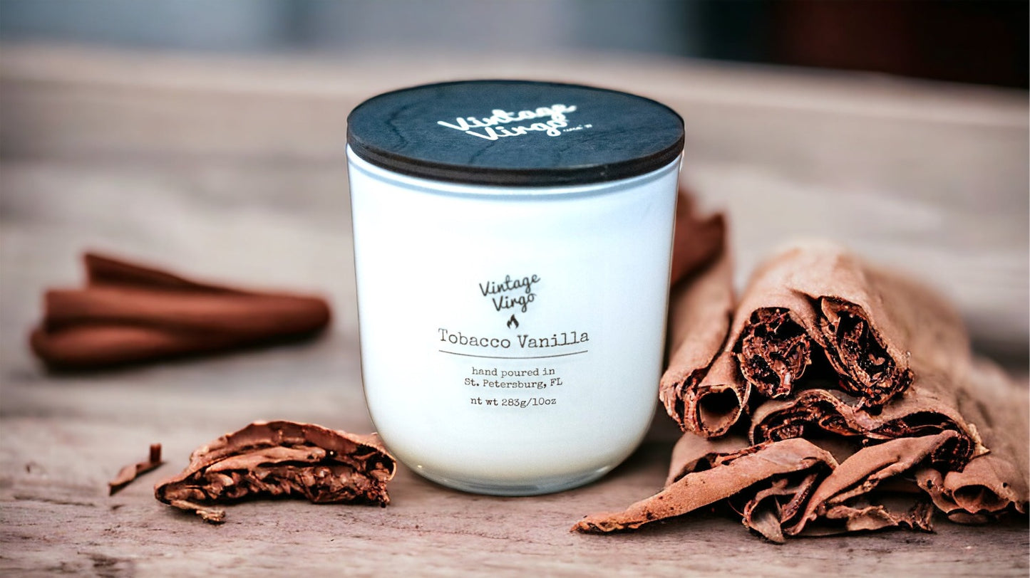 Tobacco Vanilla: 10oz Wood Wick Artisan Handcrafted Candle With Lid